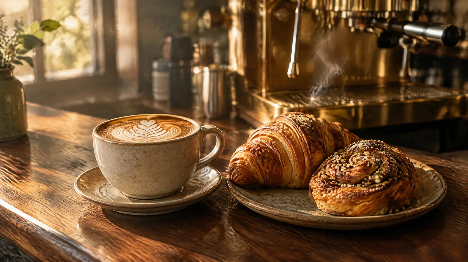 Close-up detail of a latte with foam art beside a fresh croissant