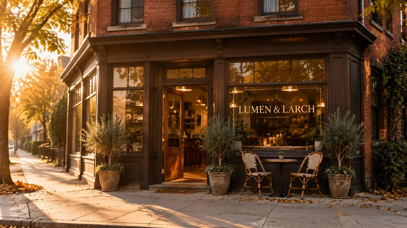 Lumen & Larch storefront at golden hour, restored 1890s brick corner building with warm lights in the windows