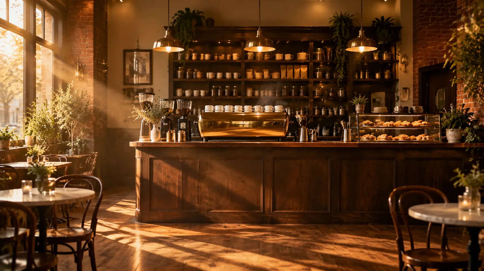 Warm café interior with oak tables, brass fixtures, and morning light through tall windows